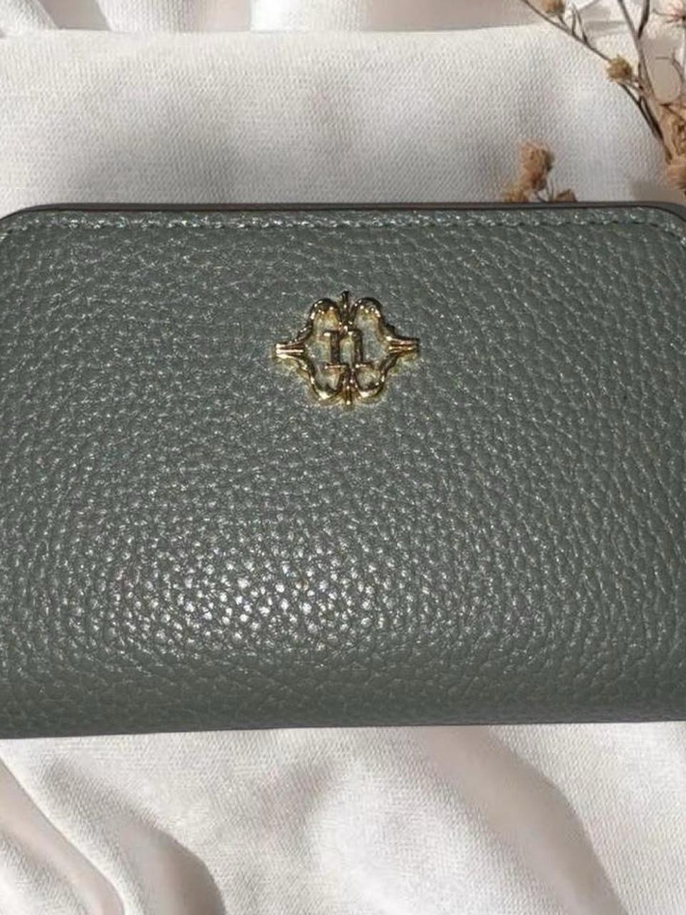 Nanette Lepore Olive Green Pebbled Leather Compact Wallet Sage Gold Hardware